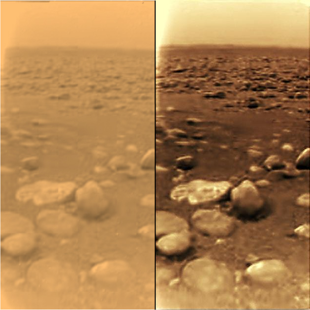 Fotos del paisaje en Titán tomadas por Huygens en su decenso y desde la superficie. Imagen de uso libre de la  NASA/Ciclops .