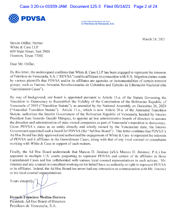Carta del presidente de la Junta Directiva, nombrado por Guaidó, en la que pide designar abogados para representar a PDVSA y a sus empresas afiliadas.
