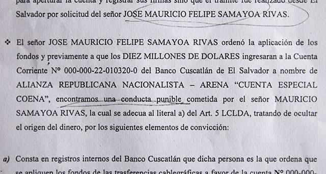 Detalle del requerimiento que la FGR presentó contra el expresidente Francisco Flores. El documento asegura que el presidente del Banco Cuscatlán cometió el delito de caso especial de lavado de dinero.