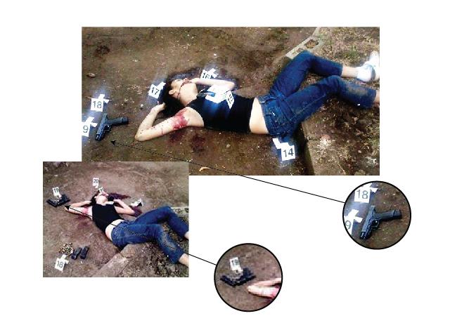 Estas dos imágenes de la joven de 16 años que murió en San Blas circularon en redes sociales después de la matanza. Se tomaron antes de que los forenses de Medicina Legal realizaran el levantamiento de cadáveres, pero tanto la pistola como los cargadores ya habían sido removidos.