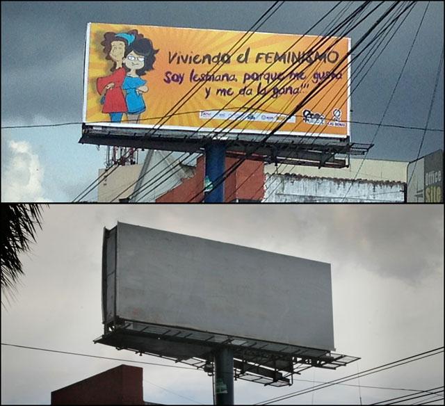 Imagen de una valla en la Zona Rosa de San Salvador de una campaña del colectivo feministas Las Dignas que fue censurada por el Consejo Nacional de la Publicidad.