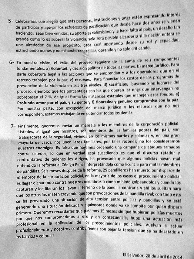 Comunicado de las pandillas firmado el 28 de abril de 2014. Foto El Faro