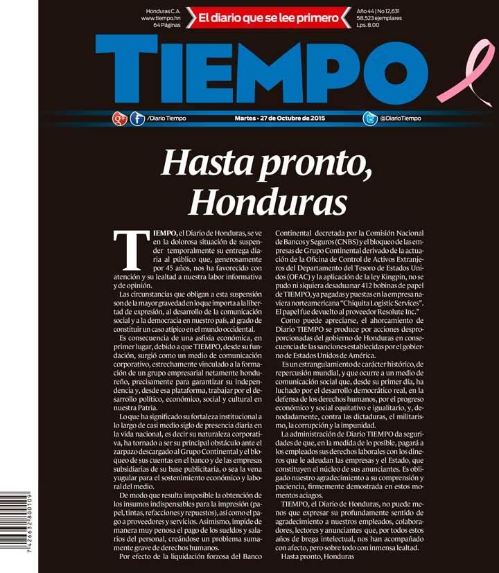 Foto del editorial de Diario Tiempo de Honduras, tomada de la página pública de Facebook del periódico hondureño. 