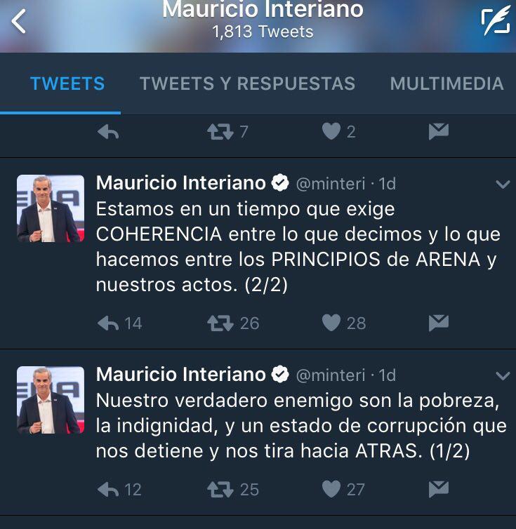 Mauricio Interiano, presidente de Arena, emtió estos mensajes a través de su cuenta de Twitter, sin embargo, no indicó a qué medidas concretas se comprometía el partido para cumplir con el compromiso de transparencia. 
