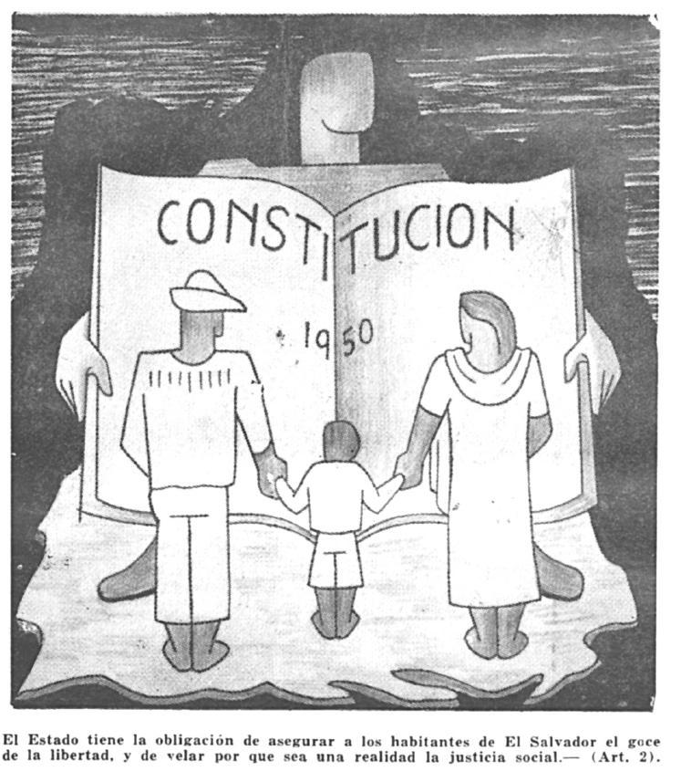 Ilustración alusiva a la Constitución de 1950. Tomada de Ricardo González Ruiz, El Salvador de hoy (San Salvador: Talleres Martinez, 1952) p. 129.
