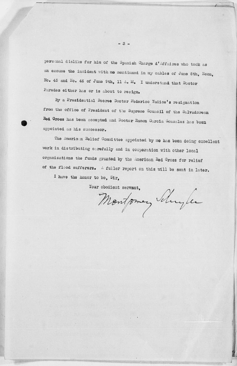 Informe de Montgomery Schuyler, representante diplomático de Estados Unidos en El Salvador en 1922, al secretario de Estado de aquel país.