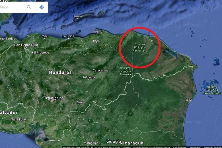 Ubicación de la Reserva de la Biósfera del Río Plátano, en la Mosquitia hondureña, donde se cree que se instaló una misteriosa civilización no emparentada con mayas ni con aztecas. Foto Google Maps.