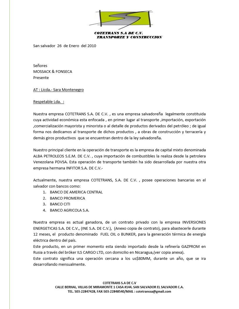 En enero de 2010, Chepón envió esta carta a Mossack Fonseca para explicar el uso que iba a dar a cuentas bancarias que quería abrir en Panamá. También mencionó sus negocios con Alba Petróleos.