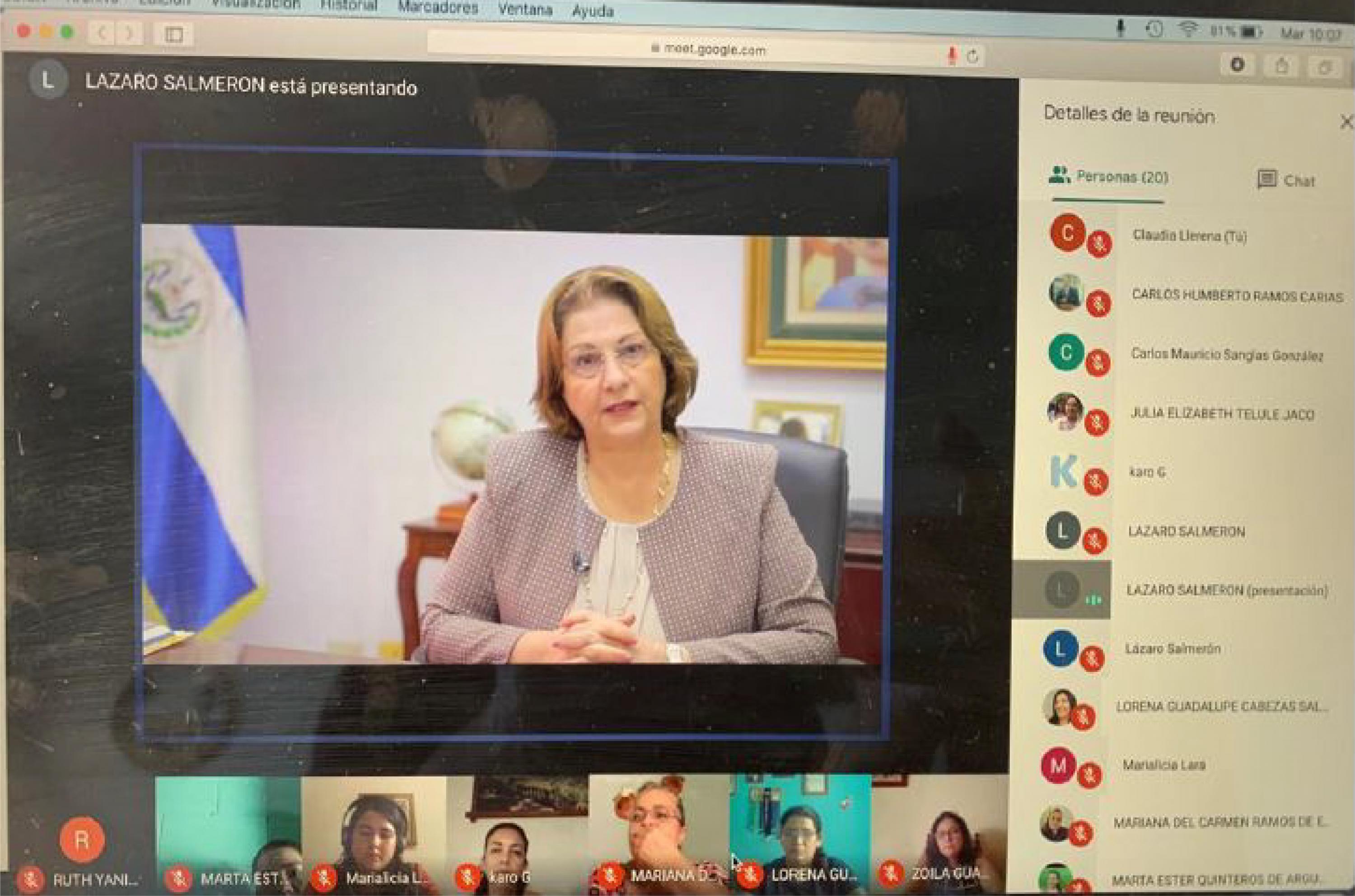 Captura de pantalla de videollamada del taller impartido por Claudia Llerena, como parte de la primera consultoría por $21,000, de septiembre a diciembre de 2020. Foto, informe del Mined.