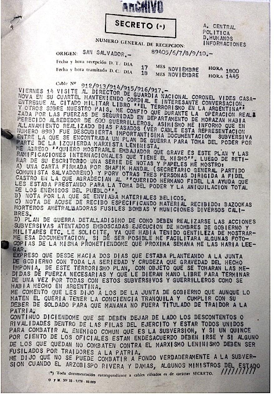 Comunicación de noviembre de 1981 que muestra la estrecha relación entre el embajador argentino Victor José Bianculli y los elementos más conservadores del Ejército salvadoreño. 