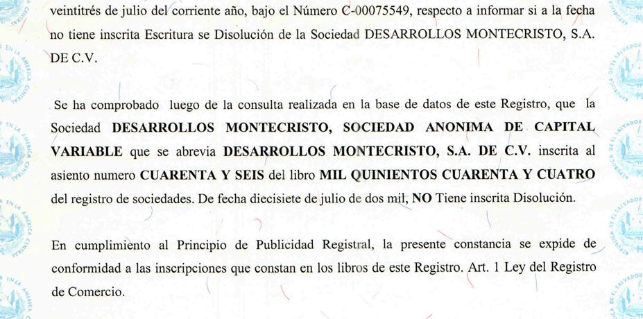 Fragmento del documento oficial expedido por el Centro Nacional de Registros que, con fecha 24 de febrero de 2016 y firmado por la registradora Katya María Morales Romero, asegura que la empresa Desarrollos Montecristo S.A. de C.V. 