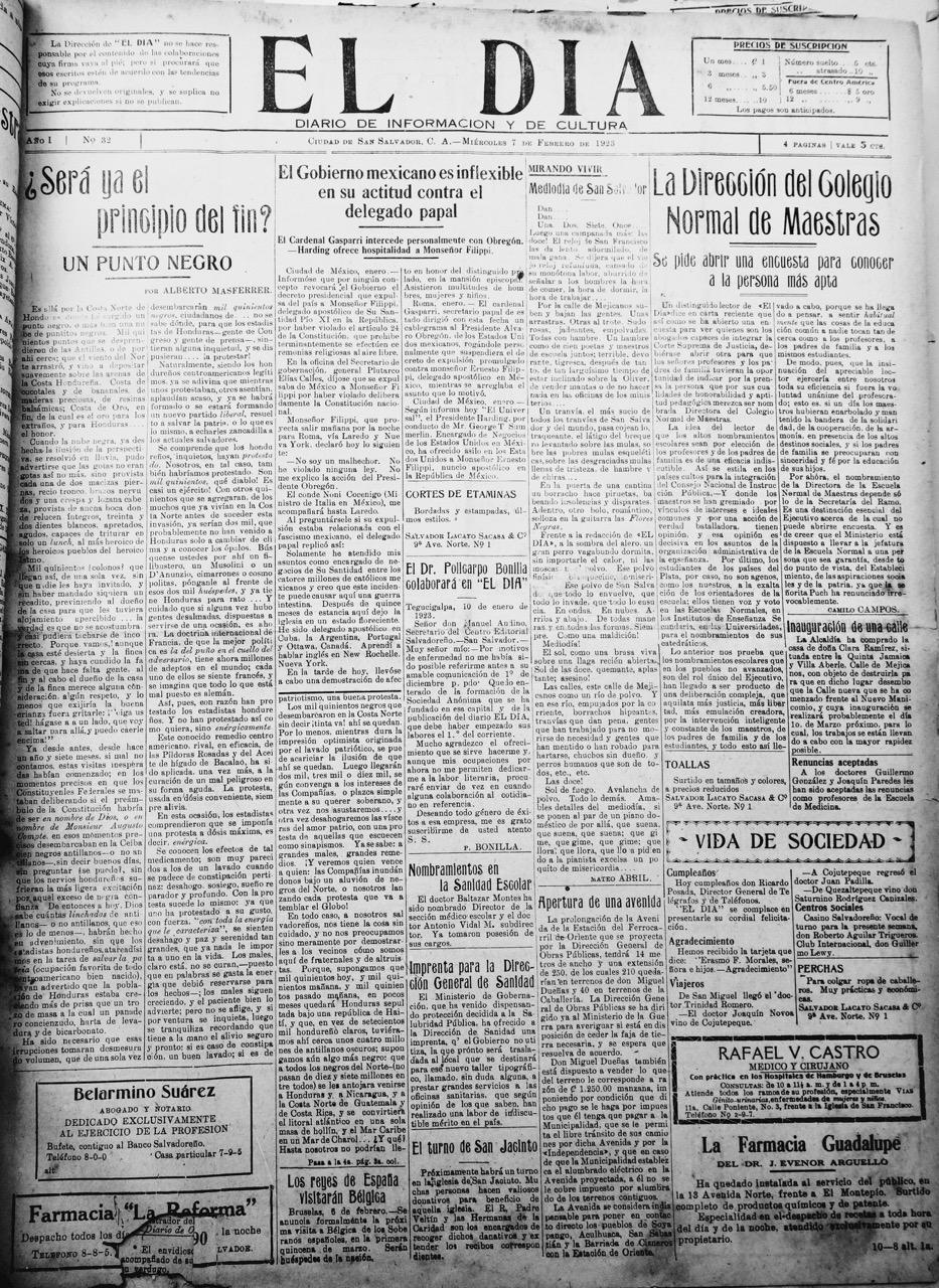 Editorial de Alberto Masferrer en el periódico El Día, el 7 de febrero de 1923.
