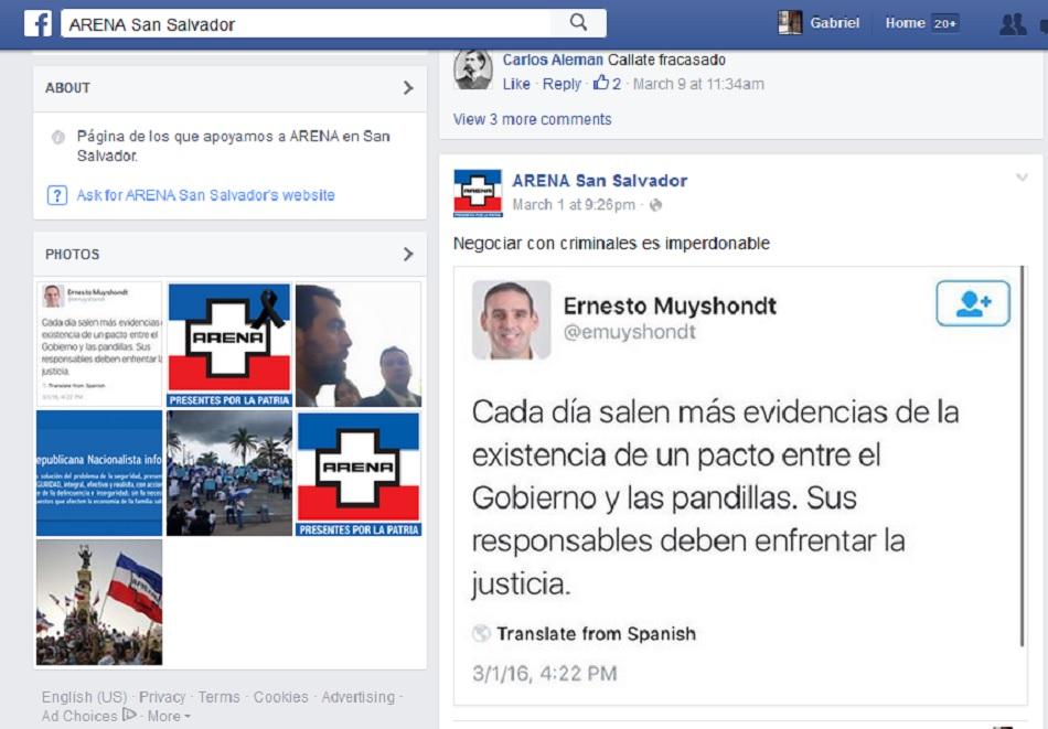 Las redes sociales del partido Arena han criticado la tregua propiciada por la administración presidencial de Mauricio Funes, no obstante, ellos tenían planificado establecer una tregua similar, de llegar a la presidencia en 2014.