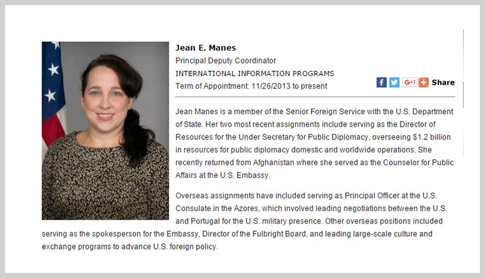 Ficha profesional de Jean Elizabeth Manes publicada por el Departamento de Estado del gobierno de Estados Unidos.