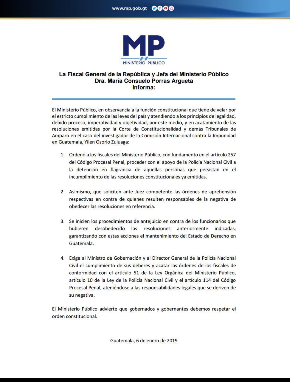 Comunicado del MP de Guatemala, del 6 de enero de 2019.