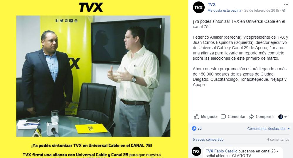 Captura de pantalla de la cuenta oficial de TVX en Facebook. En esta imagen, fechada el 25 de febrero de 2015, se señala a Federico Anliker, amigo de infancia de Bukele y secretario general del partido Nuevas Ideas, como vicepresidente del canal. 